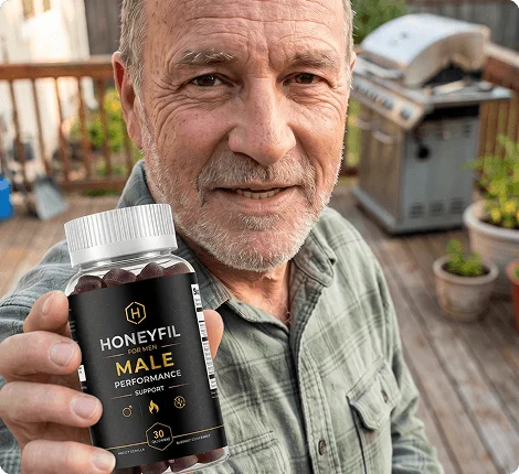 Man holding a bottle of HoneyFil at home as part of a daily routine