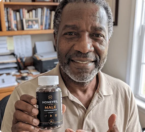 Man in his 40s reviewing a bottle of HoneyFil men's vitality gummies at home