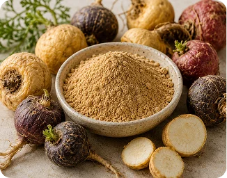 Maca root pieces and tan maca root extract powder
